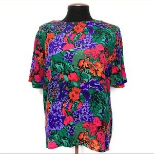 Christie & Jill Vintage Bright Floral Silk Short Sleeve Blouse Large